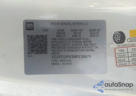 2021 Chevrolet Camaro Lt из США, поврежденный, VIN 1G1FD1RS3M0139675